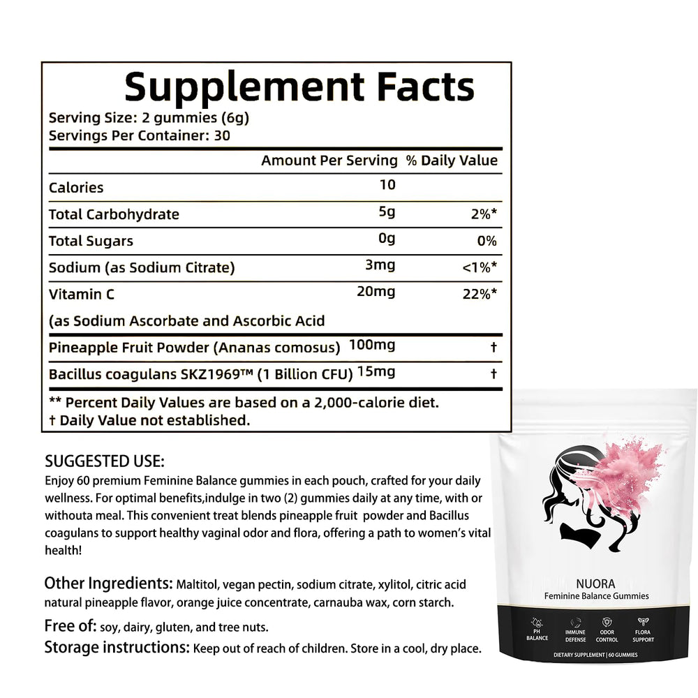 nuora Feminine Balance gummies closeup shows chewy texture and vegan formula.