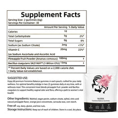 nuora Feminine Balance gummies closeup shows chewy texture and vegan formula.