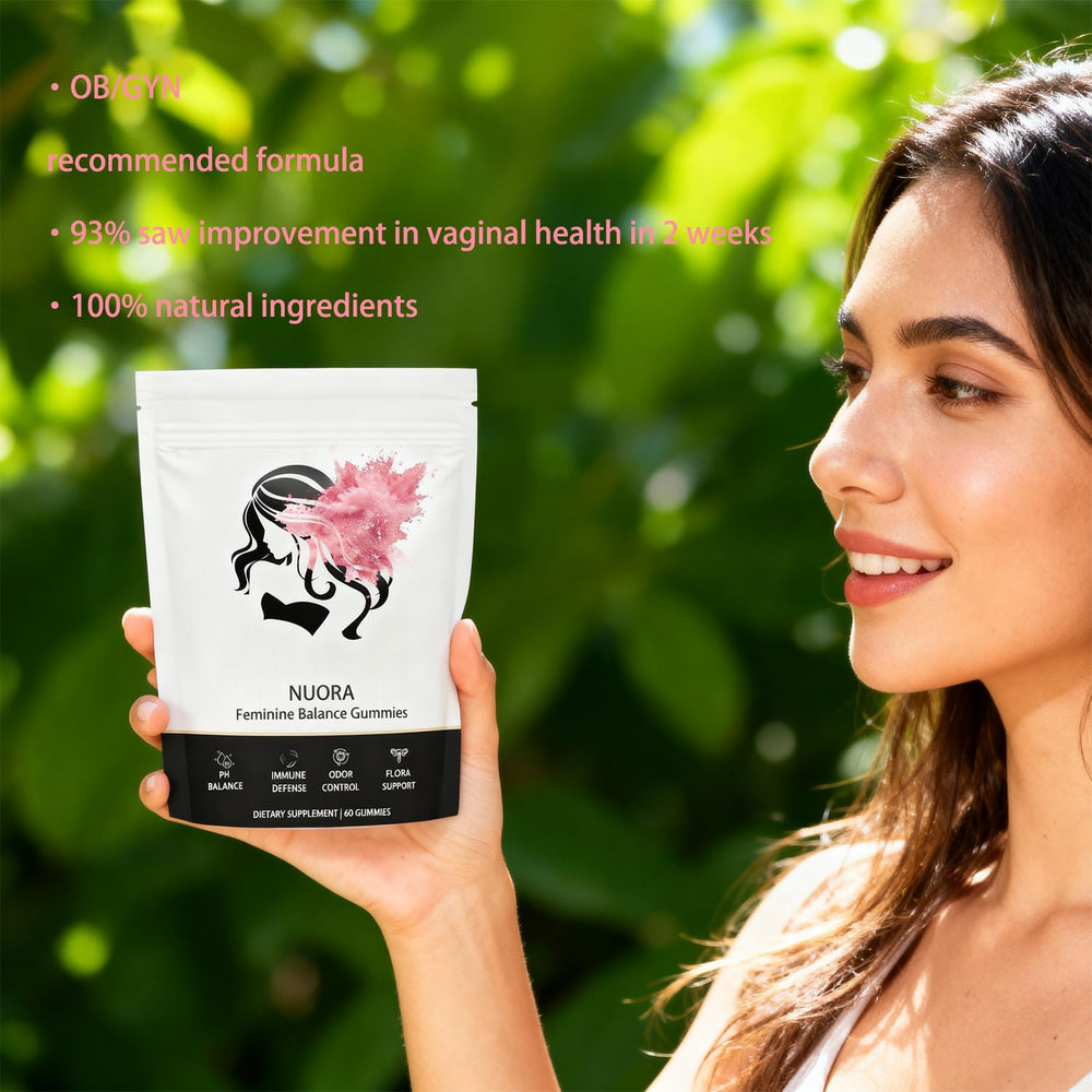 nuora Feminine Balance gummies with a glass of water for simple daily use.