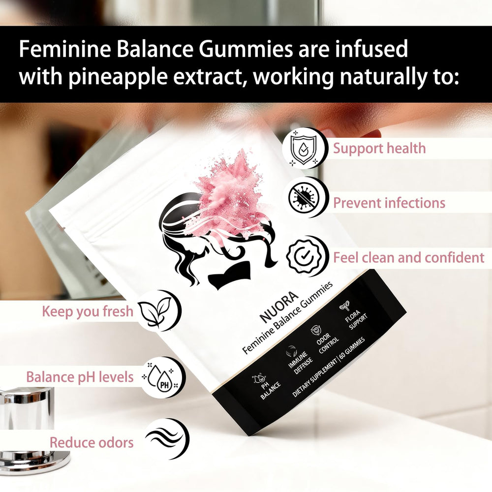 nuora Feminine Balance ingredients panel shows vitamin C and pineapple extract.