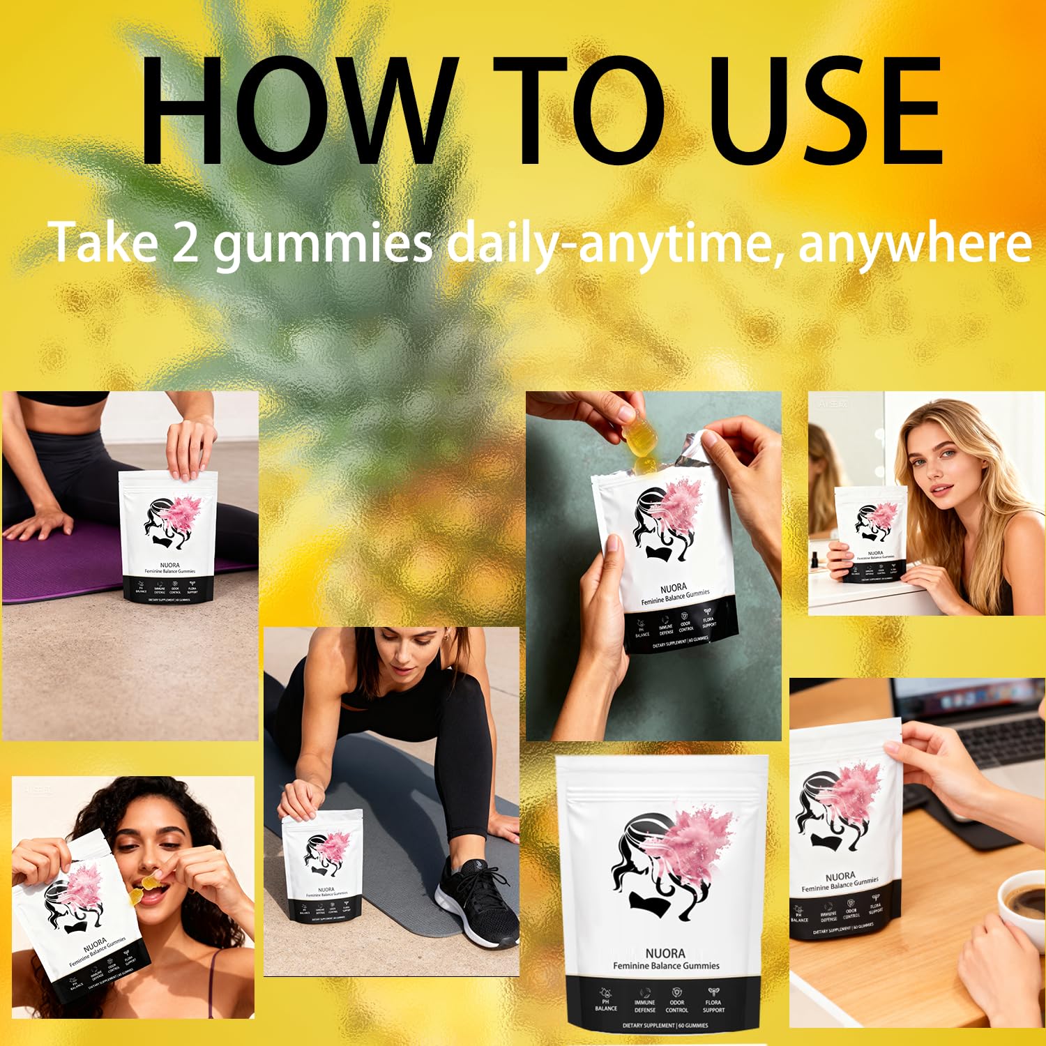 nuora Feminine Balance pineapple-flavored gummies evoke a refreshing feel.