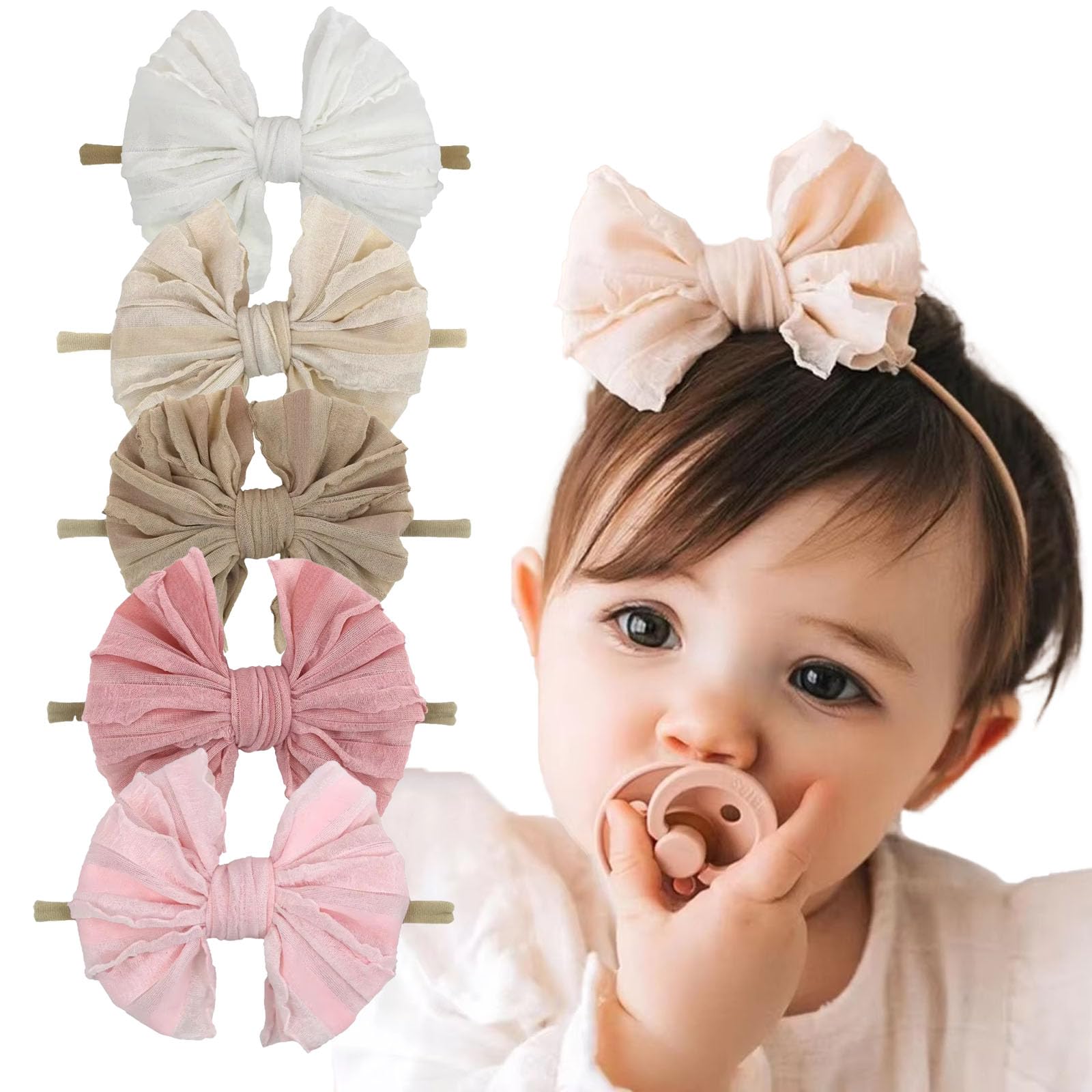NUOSYI baby headband with beige oversized bow for gentle everyday wear.