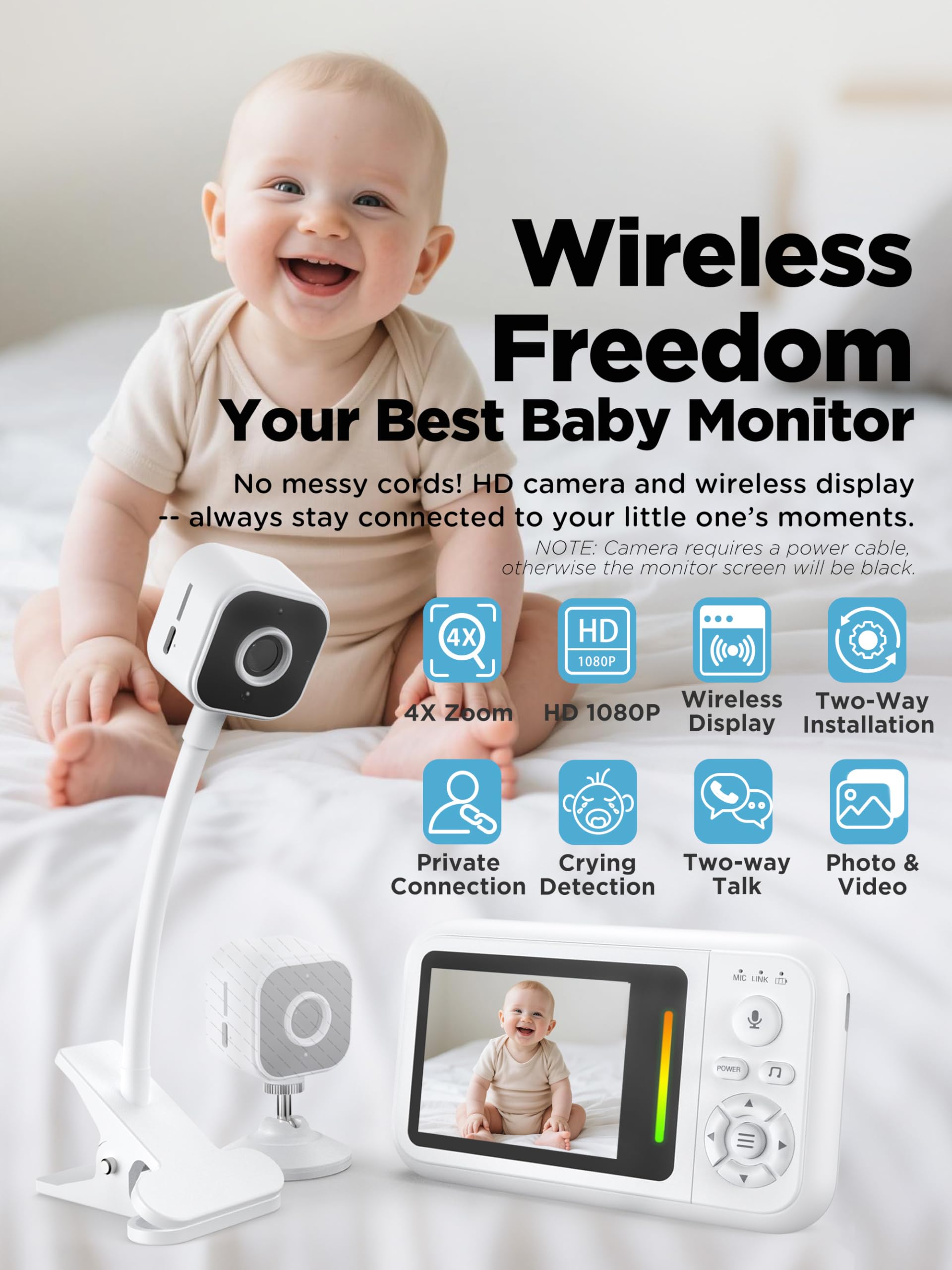 NUOTUN baby monitor stand-shelf setup beside bed for easy viewing.