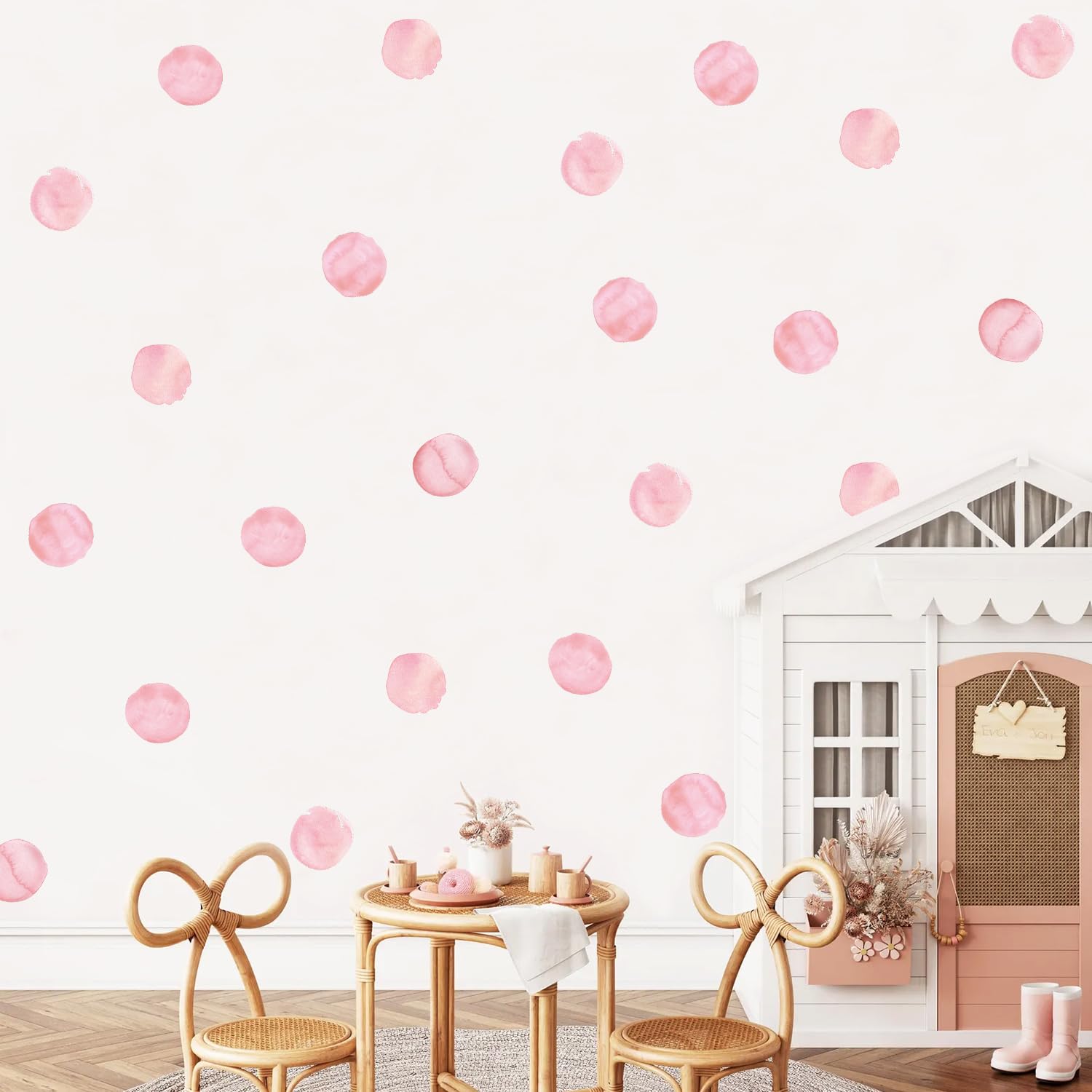 NUOYOAH watercolor polka dots wall decal in rainbow pink brightens nurseries and is removable.