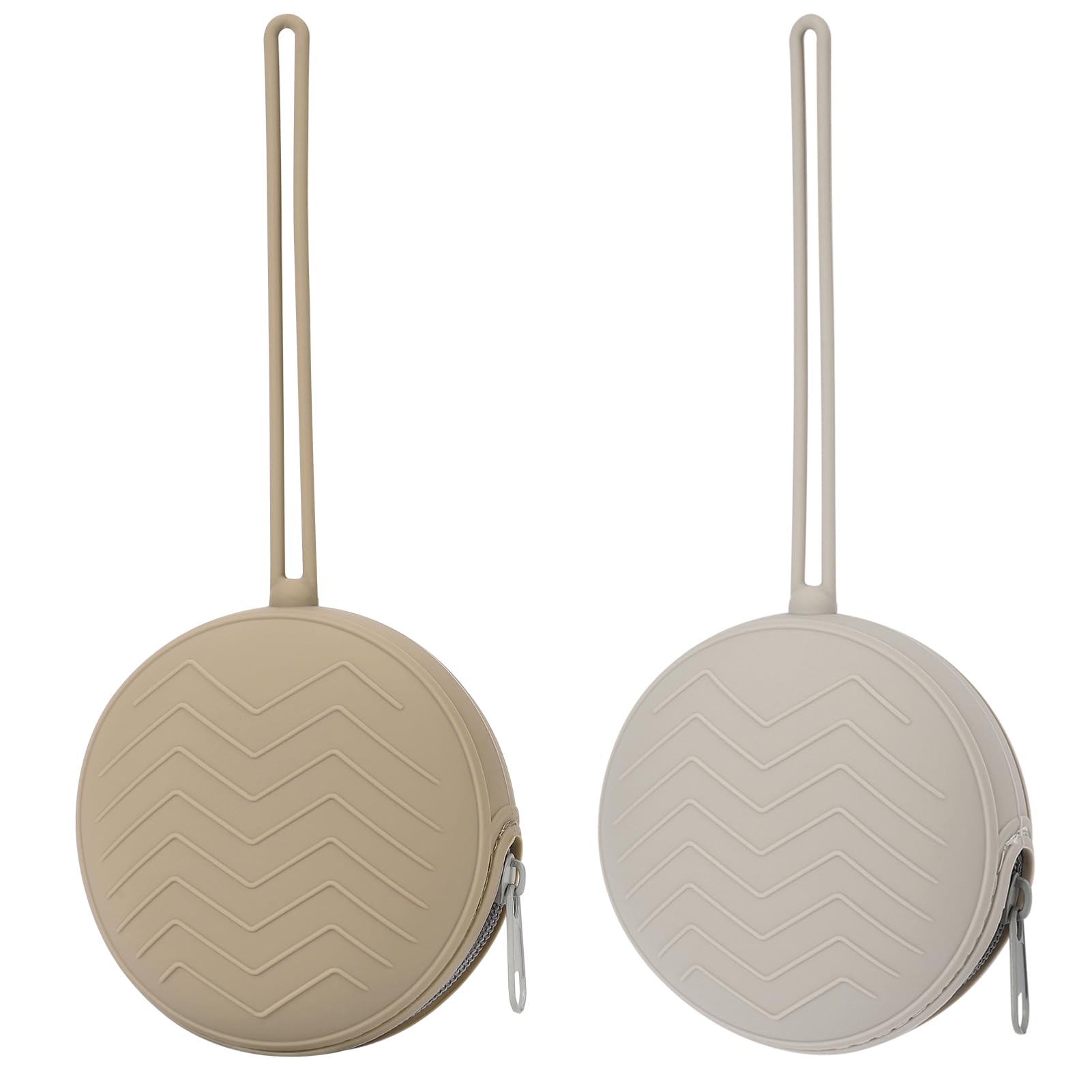 Nupoopy 2-pack silicone pacifier holder case in sand and light gray for easy, hygienic on-the-go access.