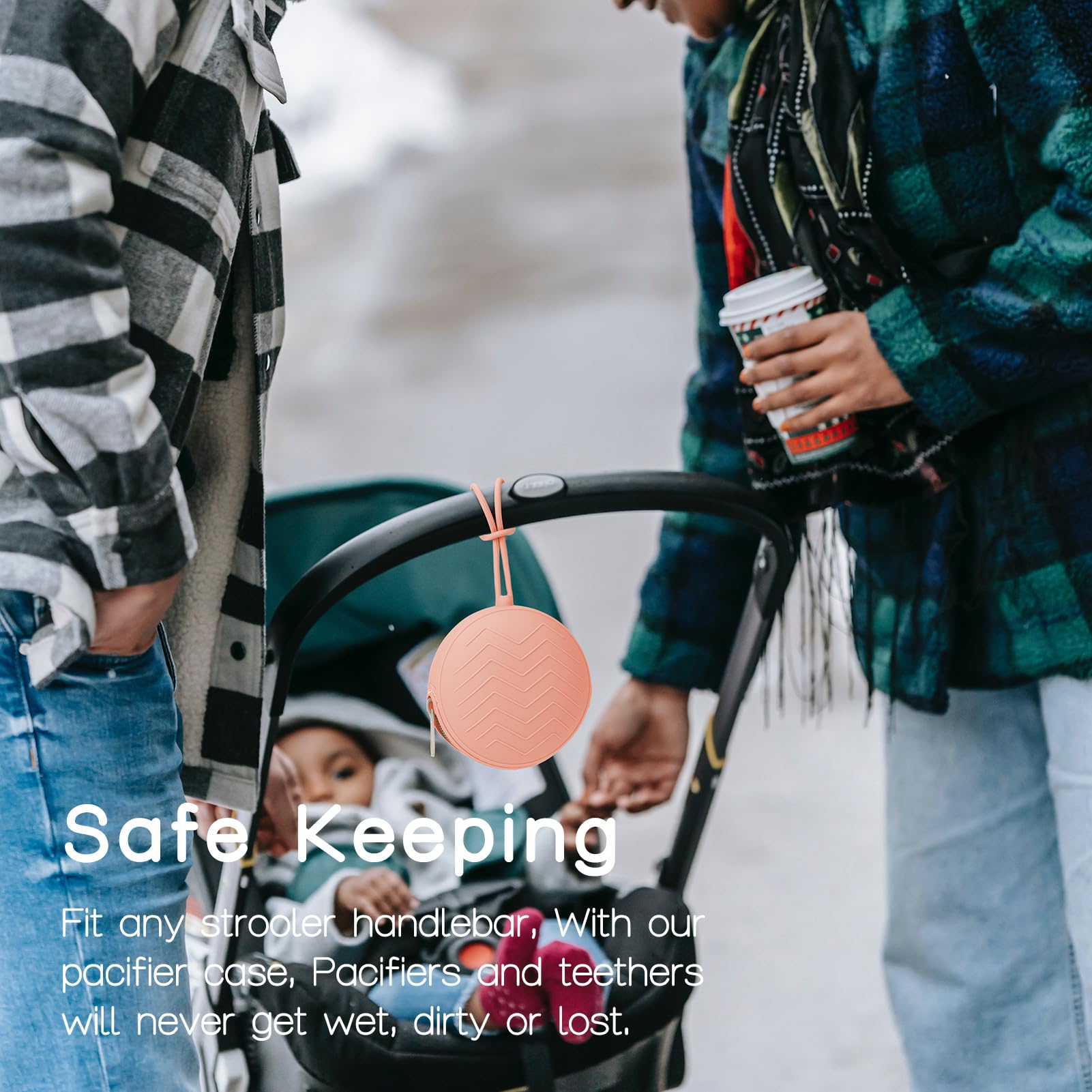 Stroller clip attachment keeps pacifier nearby during walks and errands.
