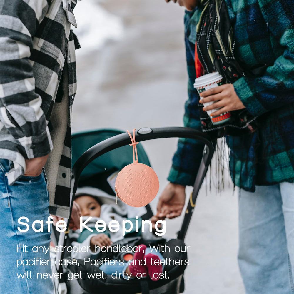 Stroller clip attachment keeps pacifier nearby during walks and errands.