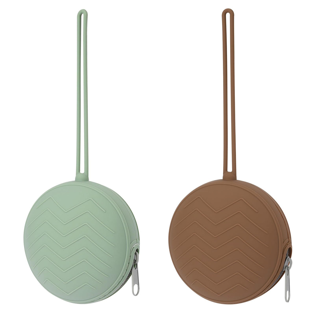 Nupoopy silicone pacifier holder case in Sage/Clay two-pack keeps pacifiers organized.