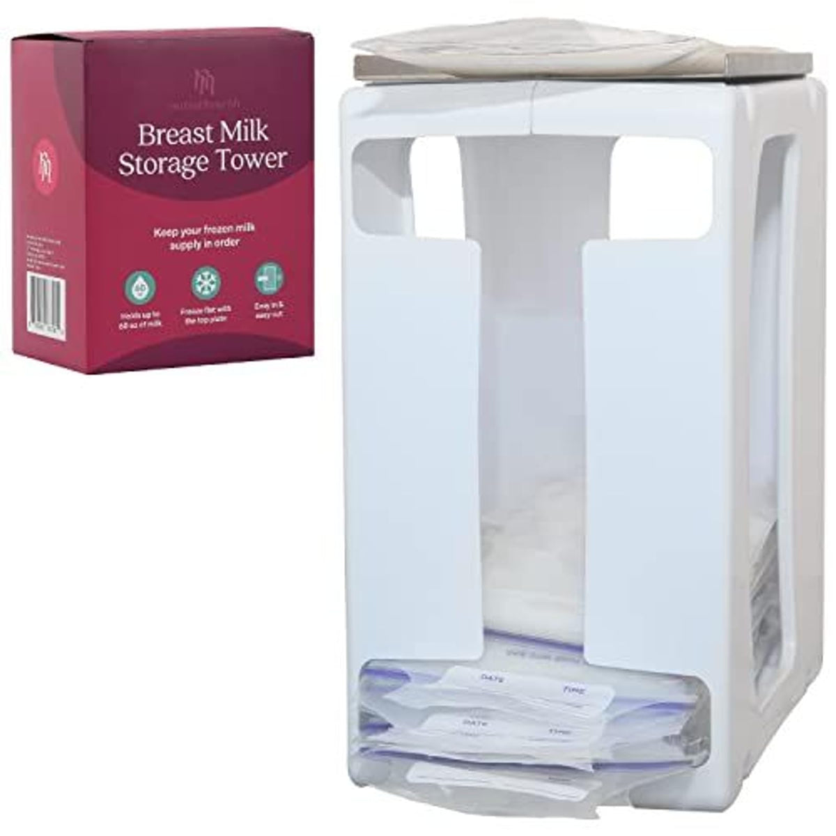 Nurse & Nourish breast milk storage tower in white, front view, organizes freezer bags.