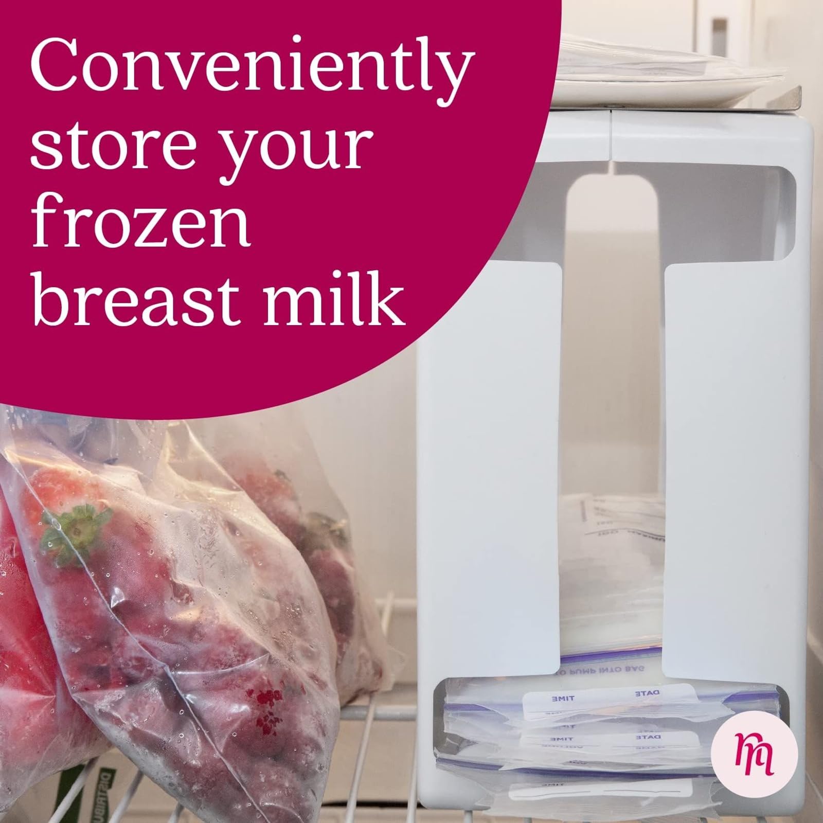 Nurse & Nourish freezer organizer bin with flat-freeze tray keeps bags neatly stacked.