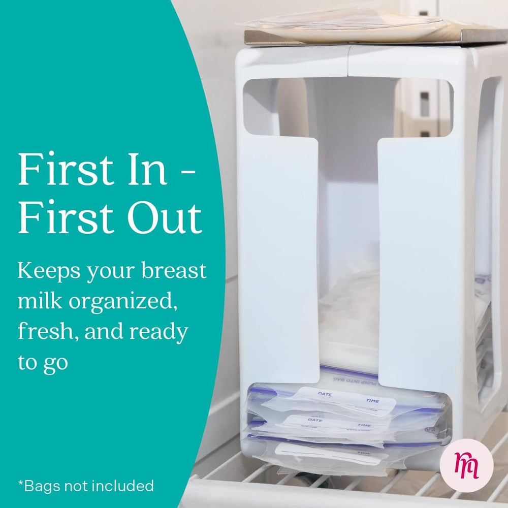 Nurse & Nourish top-down tower promotes first-in, first-out use for milk bags.