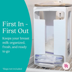 Nurse & Nourish top-down tower promotes first-in, first-out use for milk bags.
