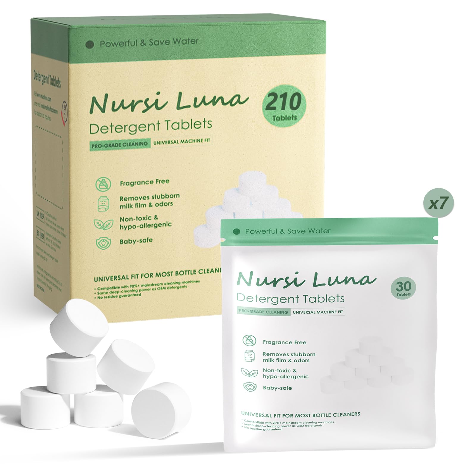 Nursi Luna detergent tablet box packaging highlights easy, mess-free cleaning