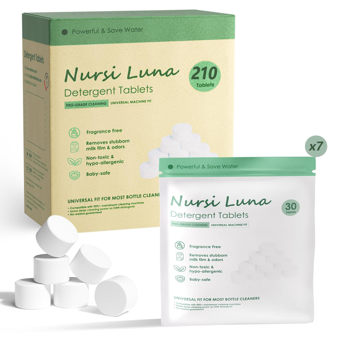 Nursi Luna detergent tablet box packaging highlights easy, mess-free cleaning