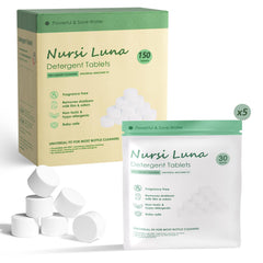 Nursi Luna detergent tablets, bottle washer action, quickly dissolve to reduce residue and odors.