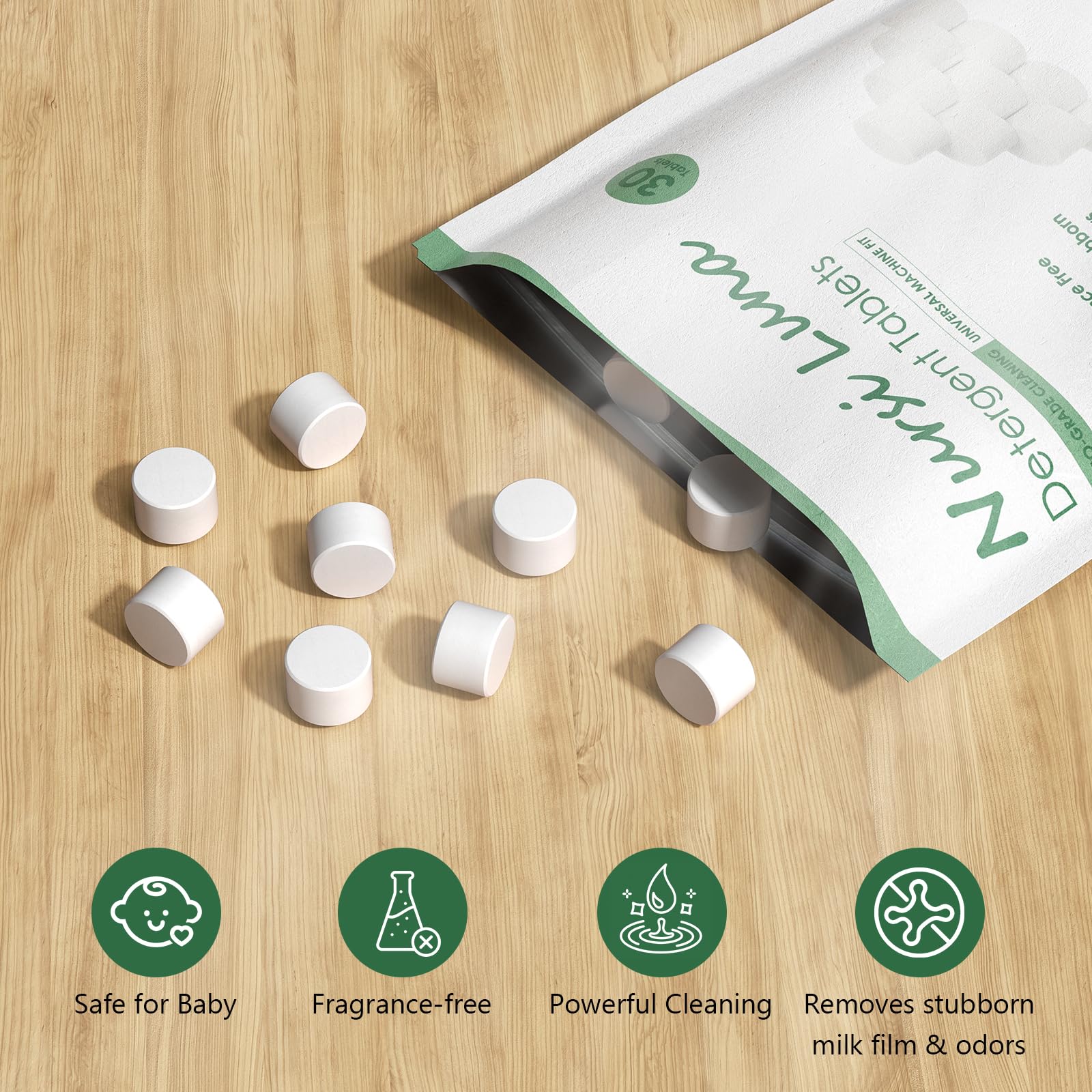 Nursi Luna tablets: drop-in use for effortless bottle cleaning.