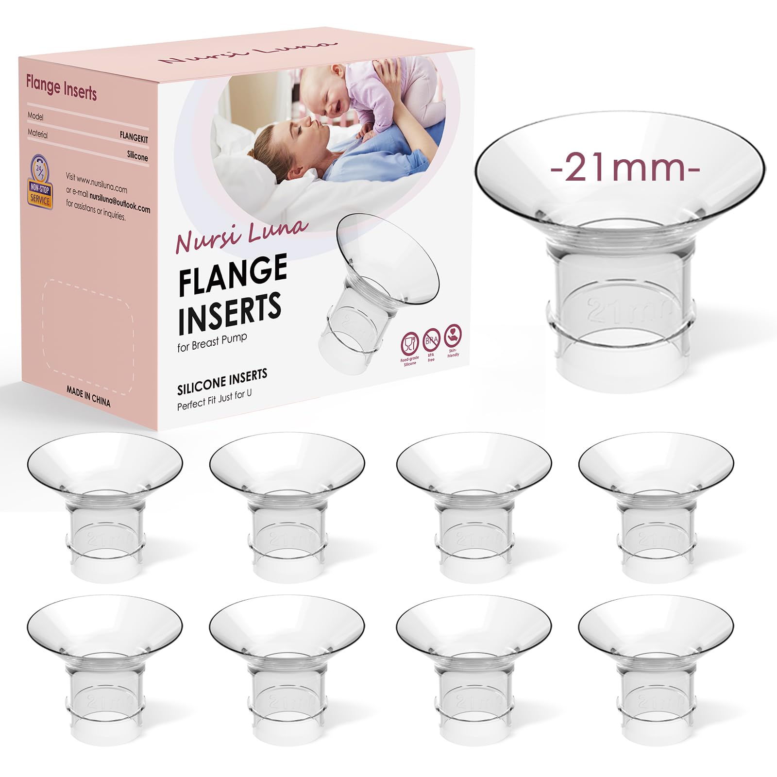 Nursi Luna flange inserts front view showing 8-piece kit for customizable pumping comfort