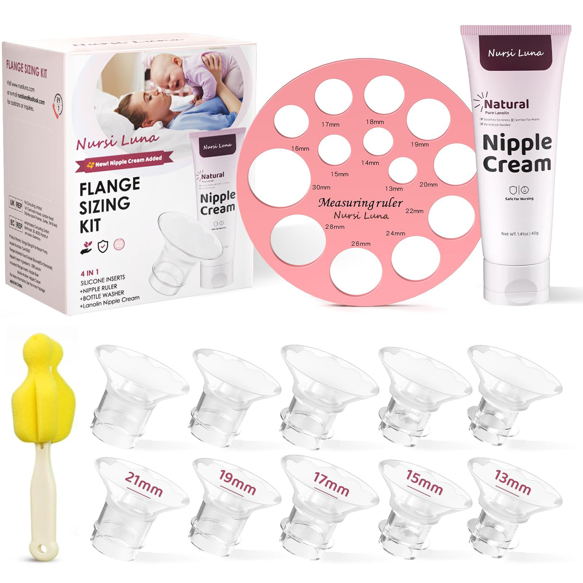 Nursi Luna flange sizing kit packaging shown as compact, ready-to-use pumping essentials.