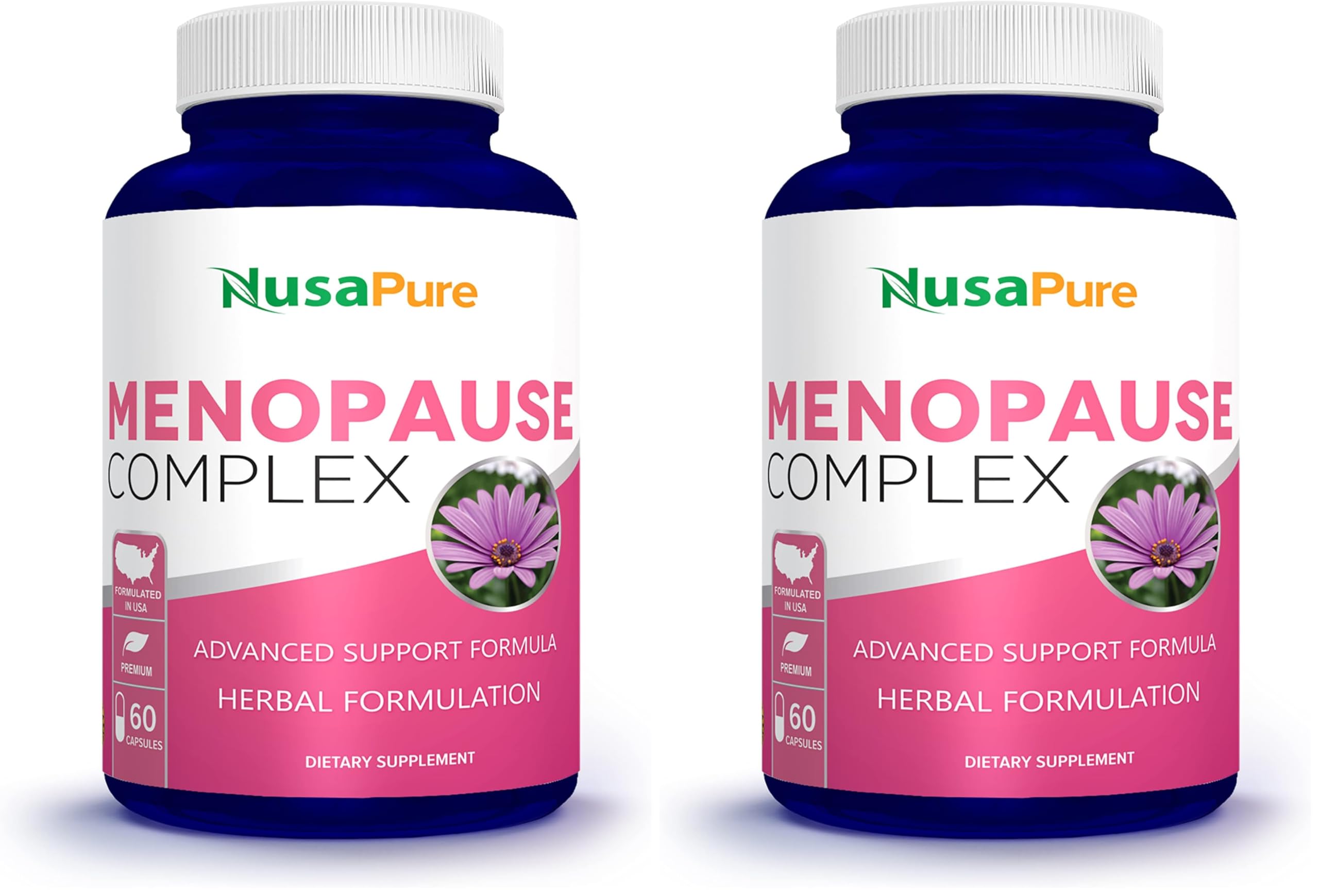 NusaPure Menopause Complex bottle front showing 60 capsules for daily use