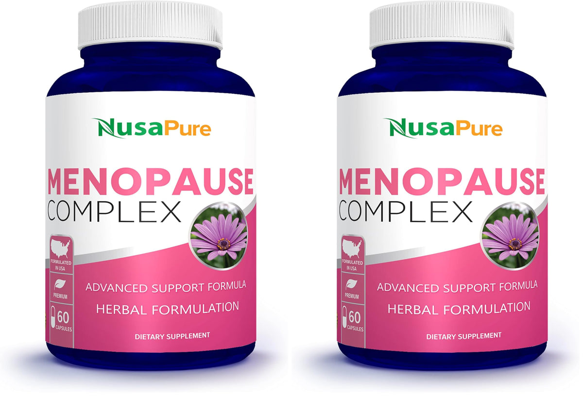 NusaPure Menopause Complex bottle front showing 60 capsules for daily use