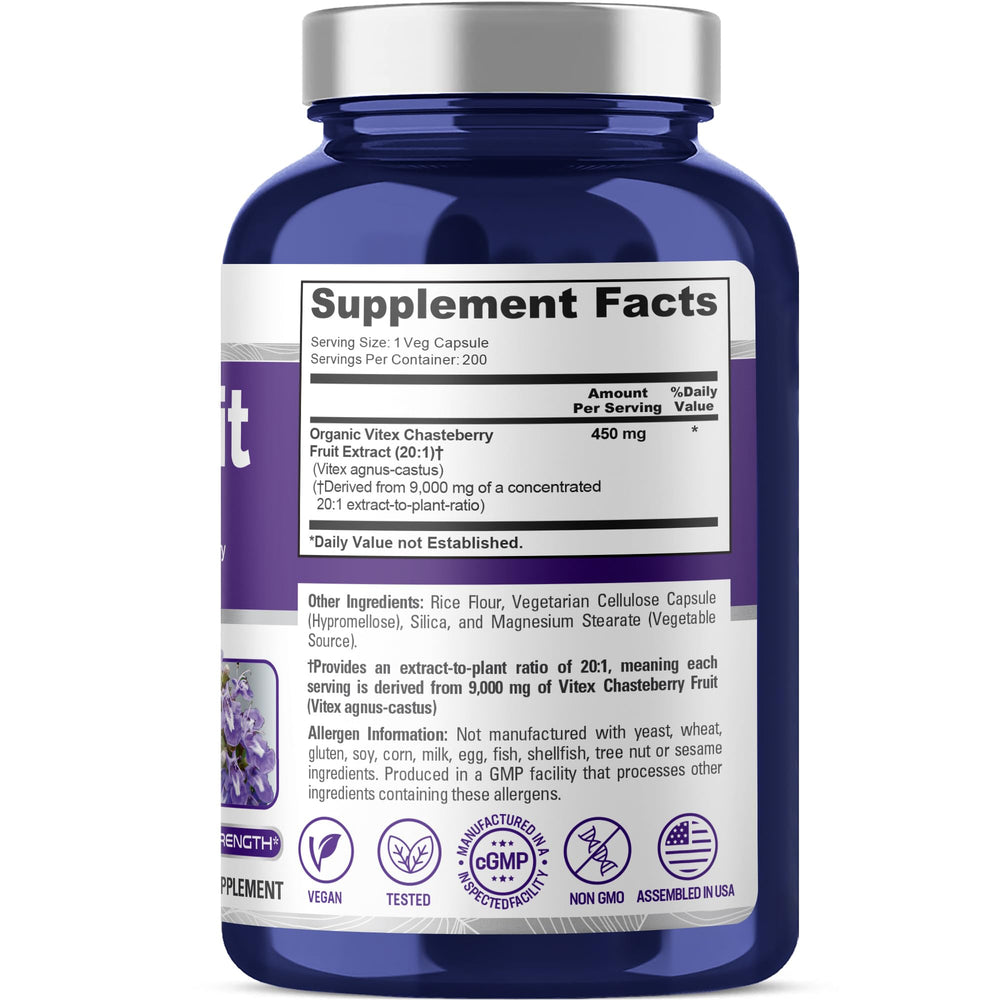 Close-up of NusaPure Vitex chasteberry capsules in a 200-capsule bottle