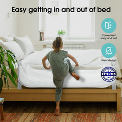 NUTIKAS adjustable-height bed gate provides flexible height for different mattresses.