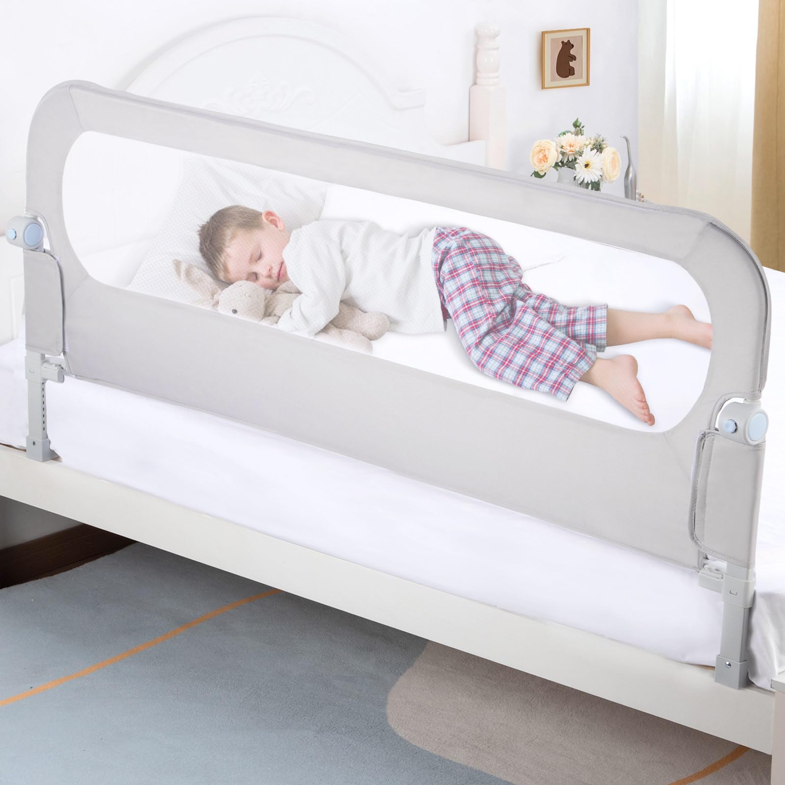 NUTIKAS baby bed rail guard in swing-down mode for easy nighttime access