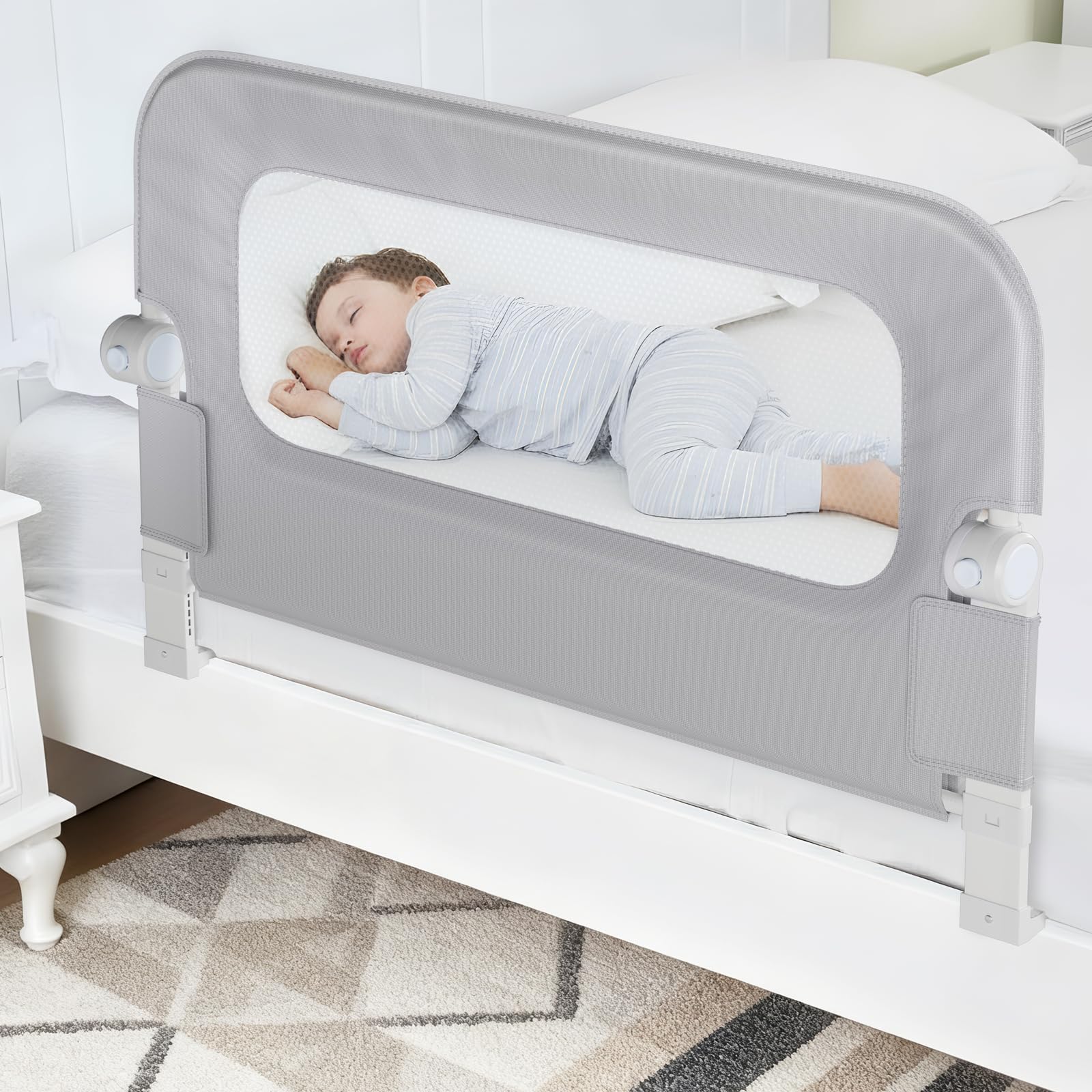 NUTIKAS swing-down bed rail for easy, quiet toddler access.