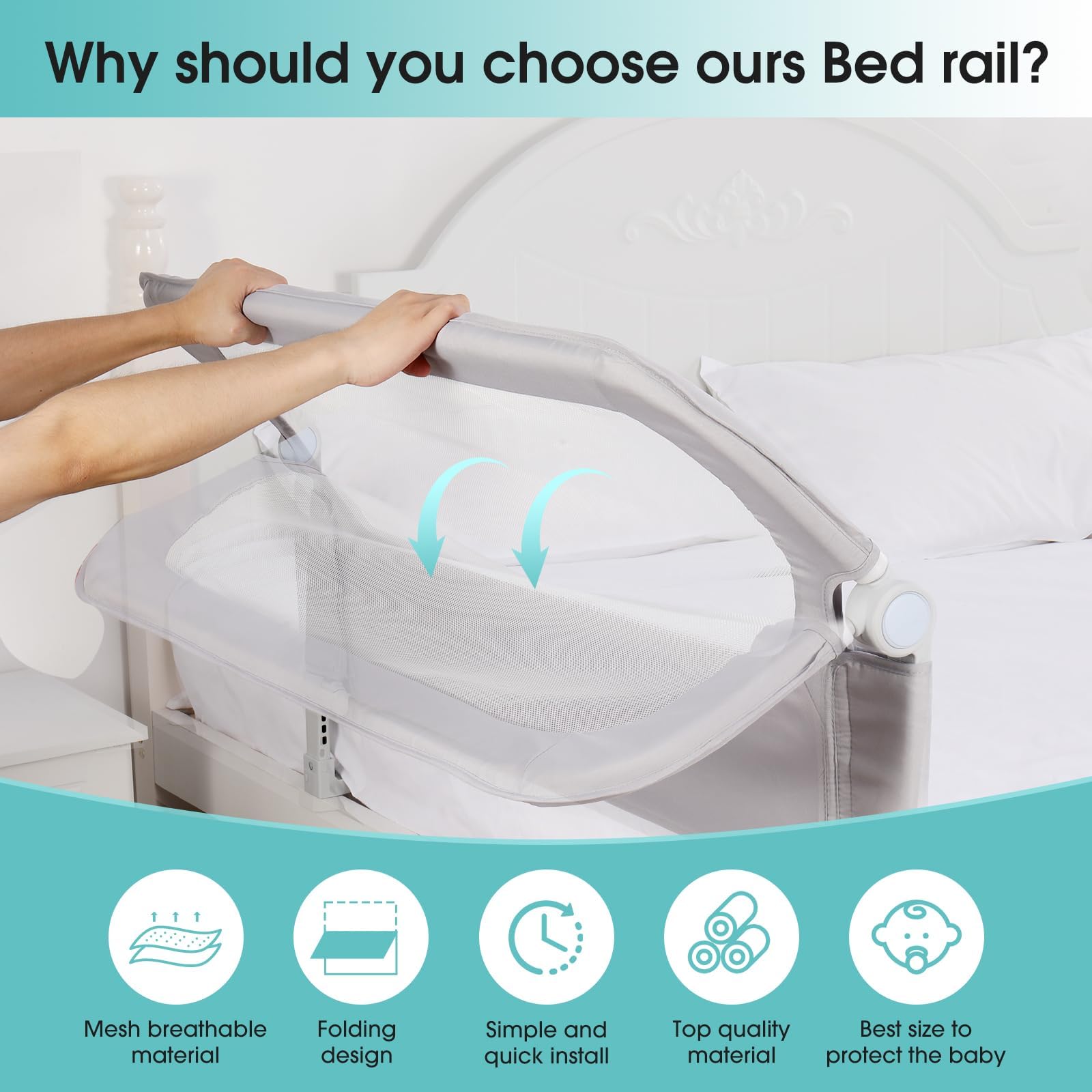 NUTIKAS 47-inch bed rail covers twin to queen beds for added security.
