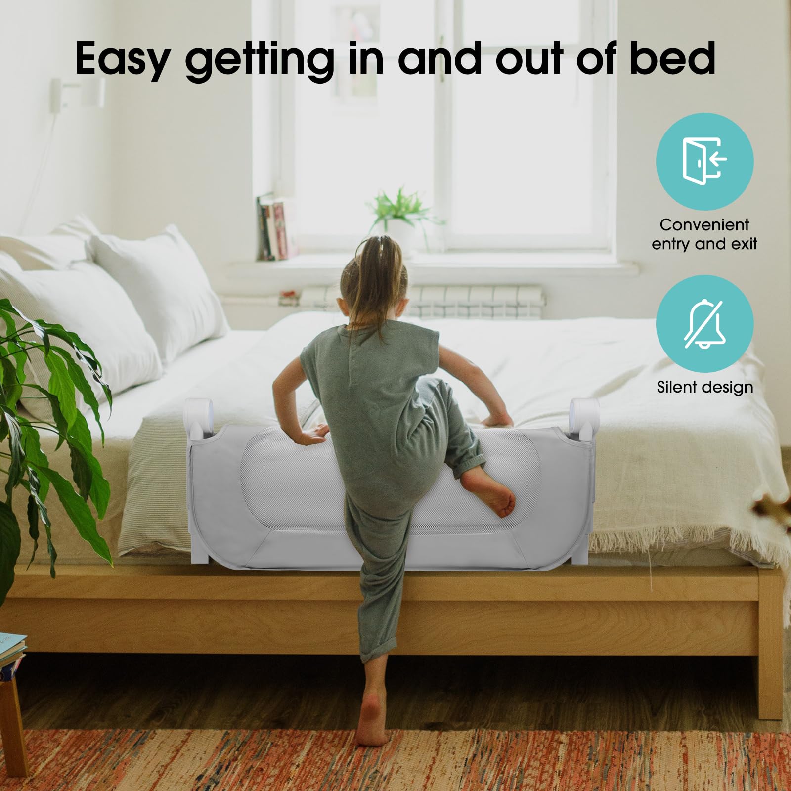 NUTIKAS adjustable-height bed rail fits various mattress thicknesses.