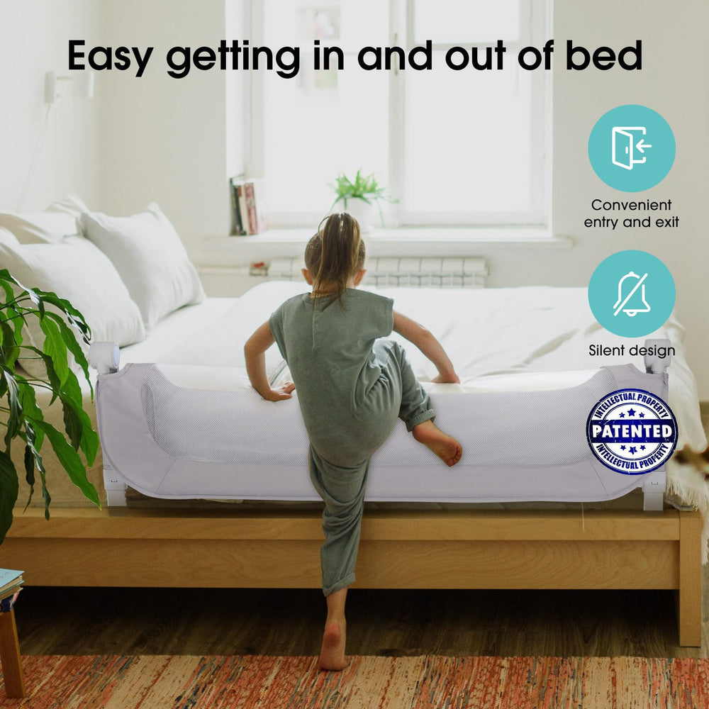 NUTIKAS bed rail adjustable height demonstrates versatile fit for various mattress thickness.