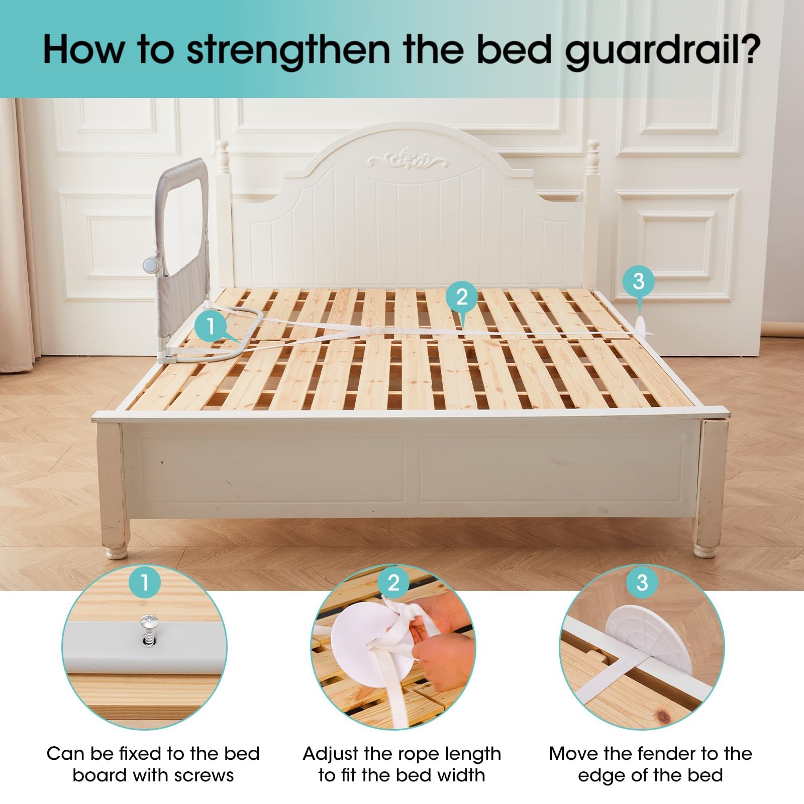 NUTIKAS easy-install rail shown with simple setup steps.