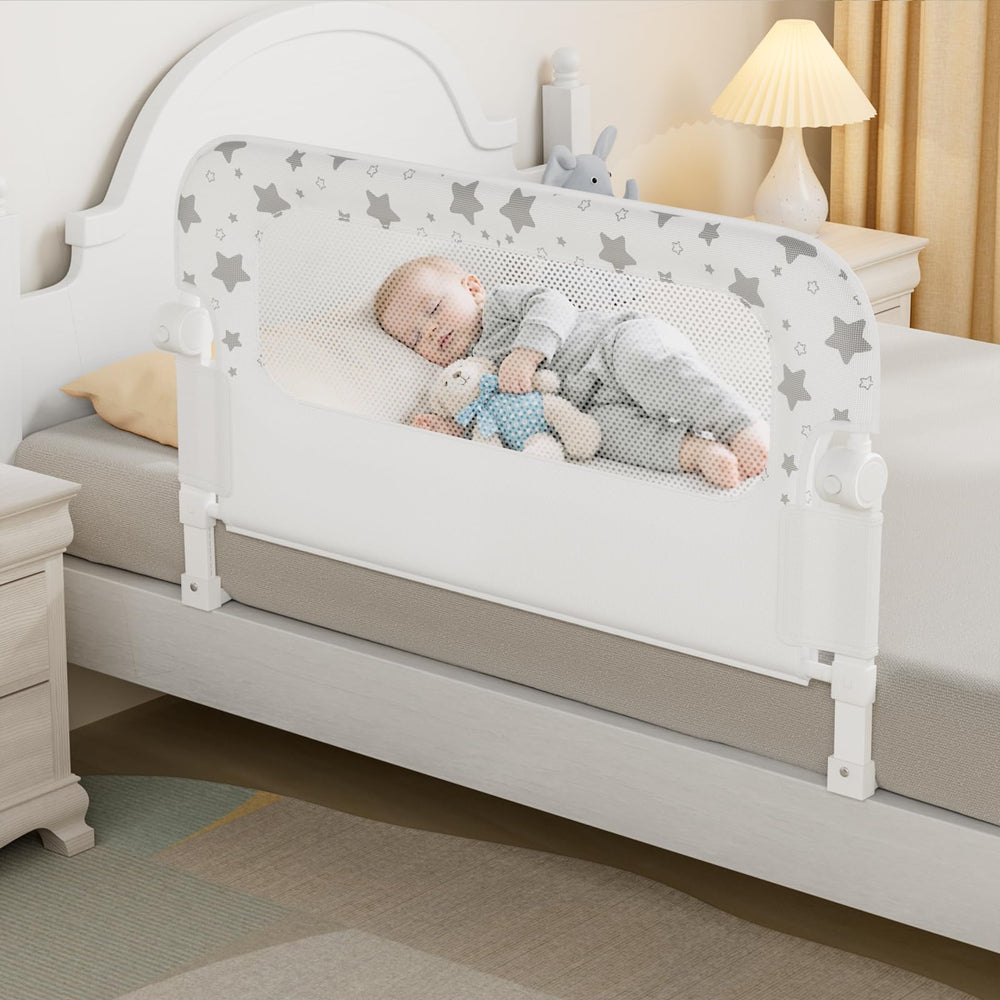 NUTIKAS bed rail guard assembly shows quick tool-free setup for busy parents