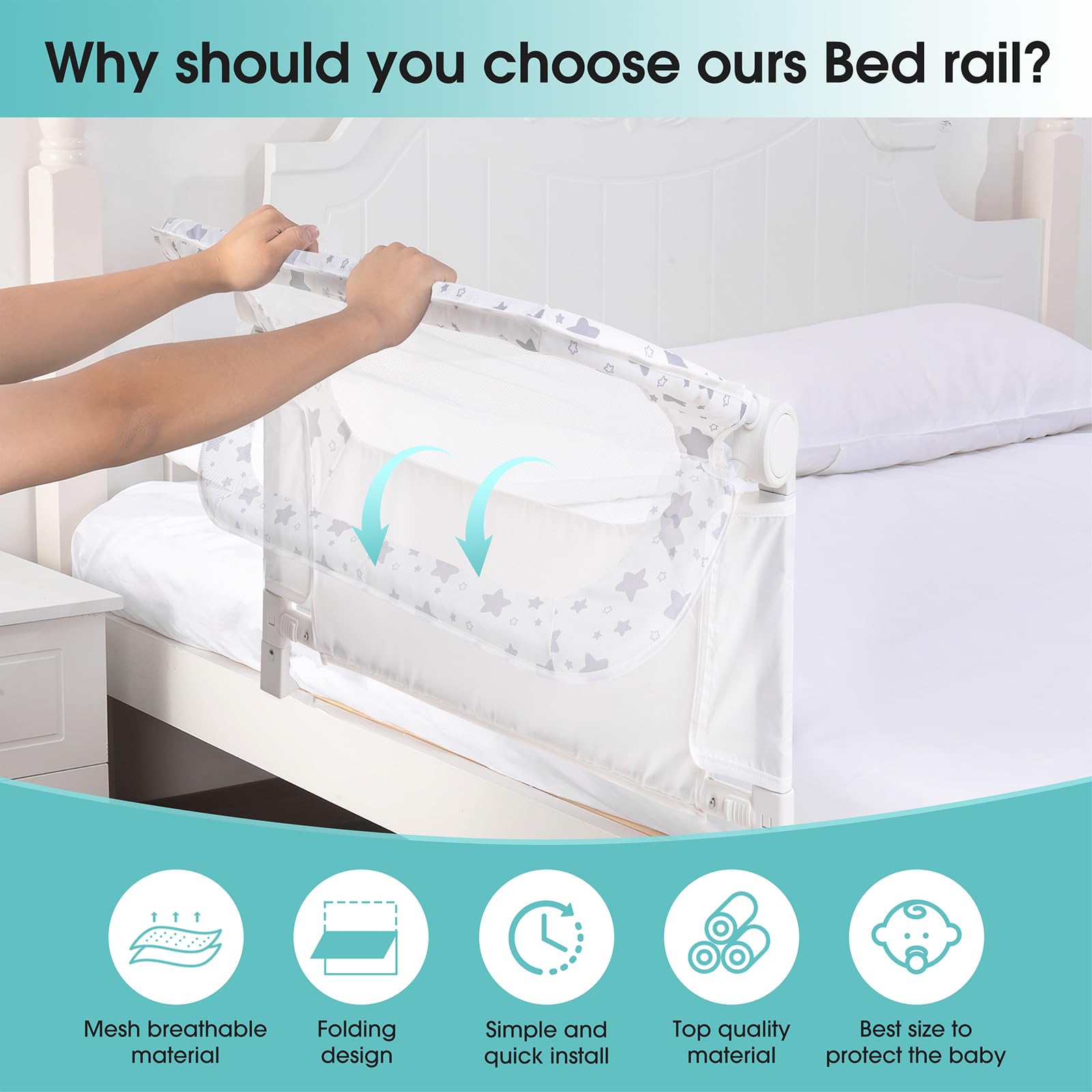 NUTIKAS bed rail guard breathable mesh promotes airflow and comfort