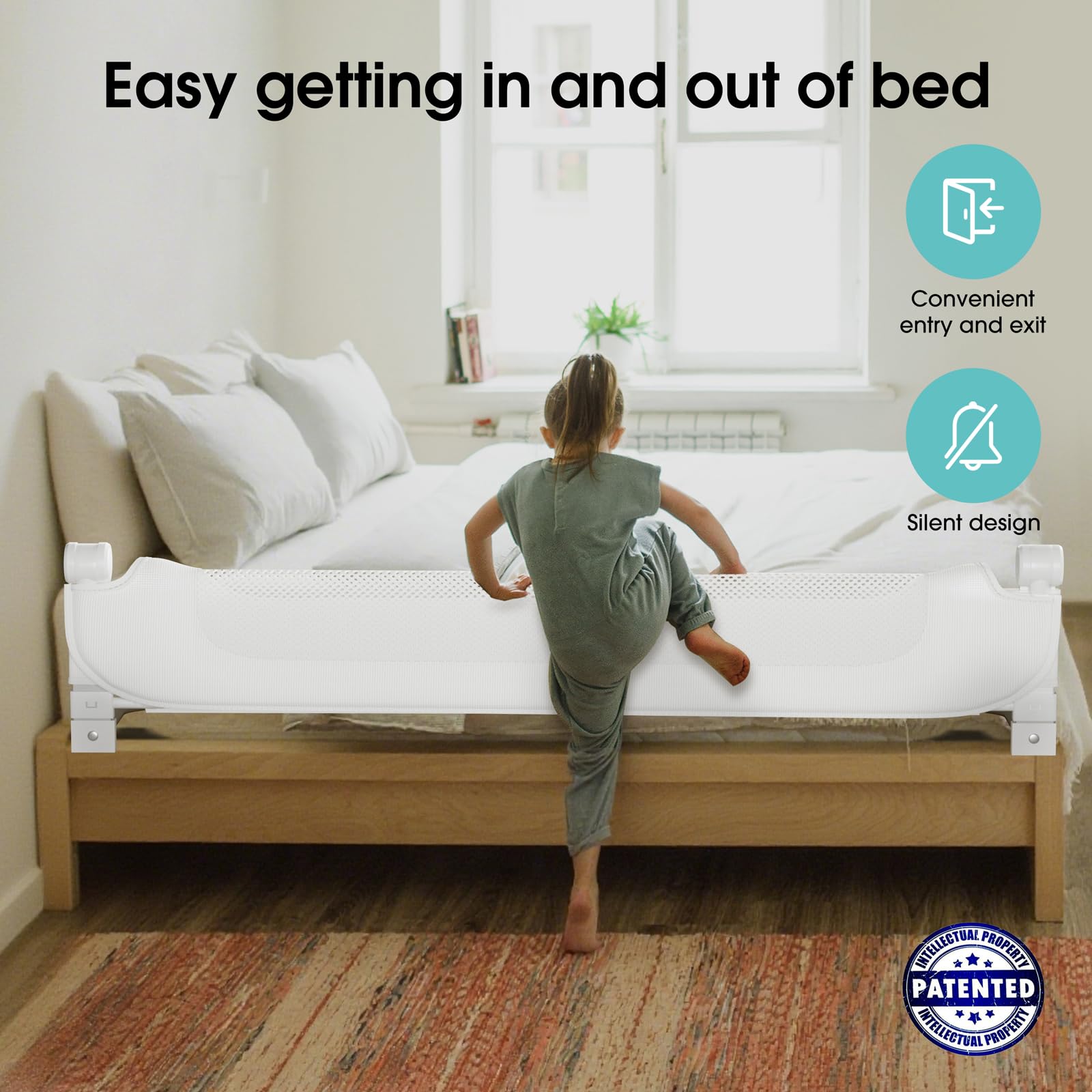 NUTIKAS bed rail guard swing-down feature allows easy in-out for toddlers