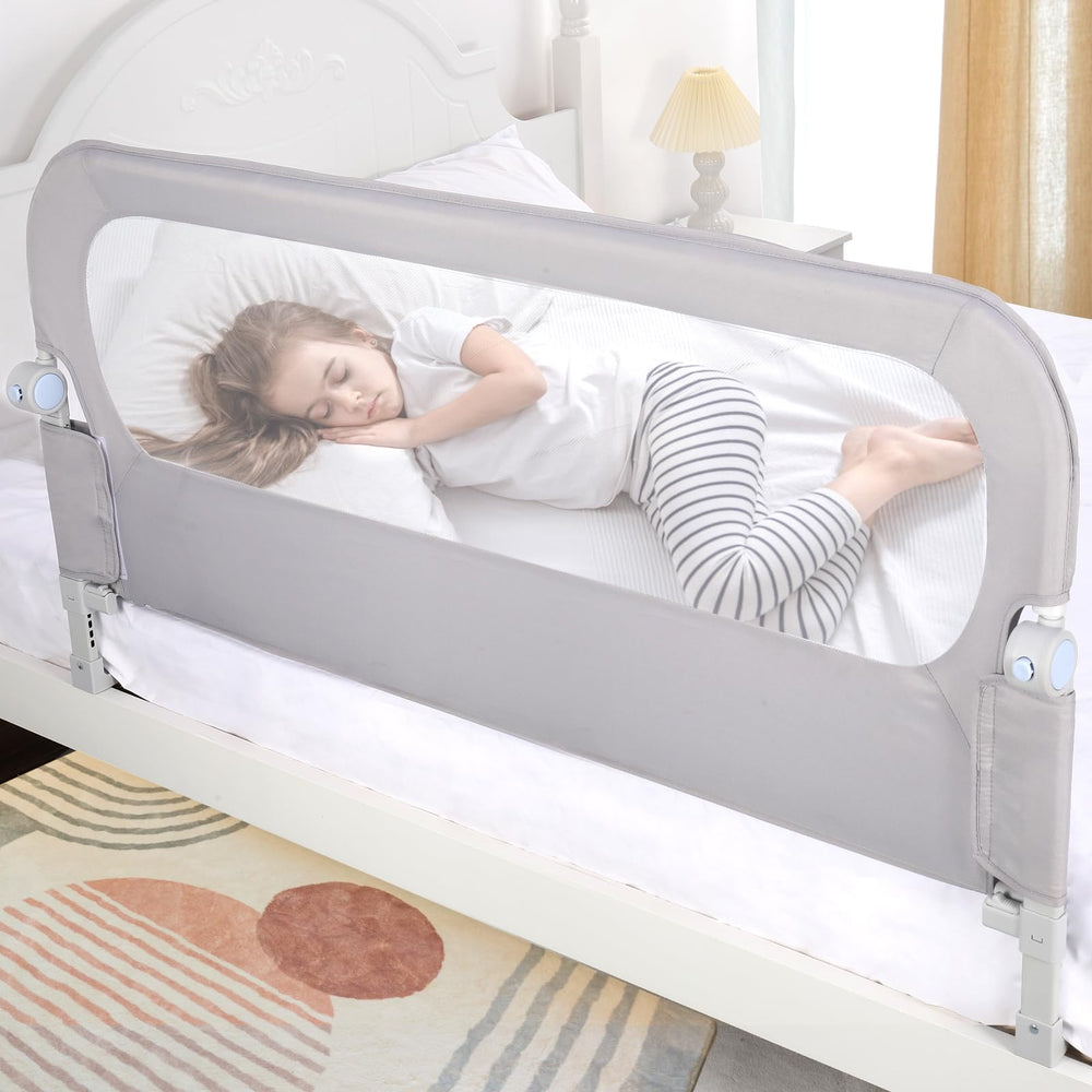 NUTIKAS bed rail swing-down in use provides safe in-out access for toddlers.