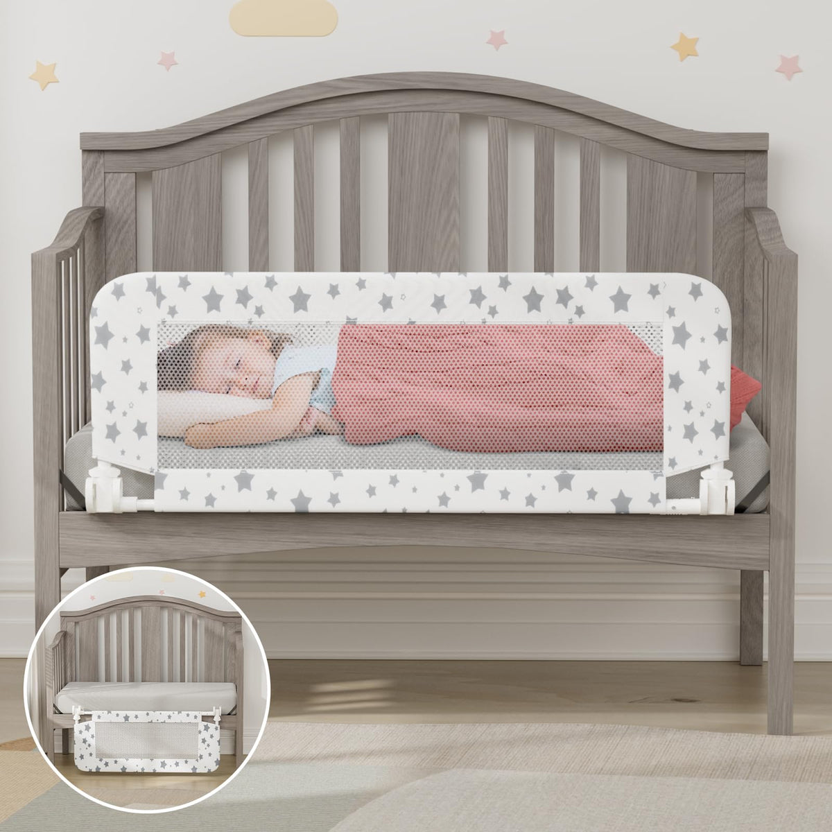 Nutikas crib rail guard attached to crib frame for secure, stay-put safety.