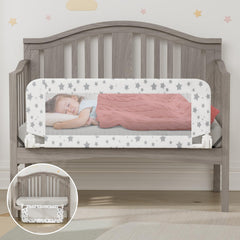Nutikas crib rail guard attached to crib frame for secure, stay-put safety.