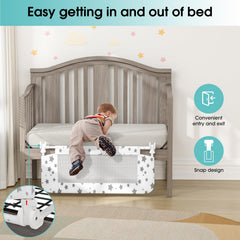 Nutikas crib rail guard attached to crib frame during installation.