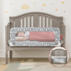 NUTIKAS crib rail guard installed on a standard crib for secure sleep