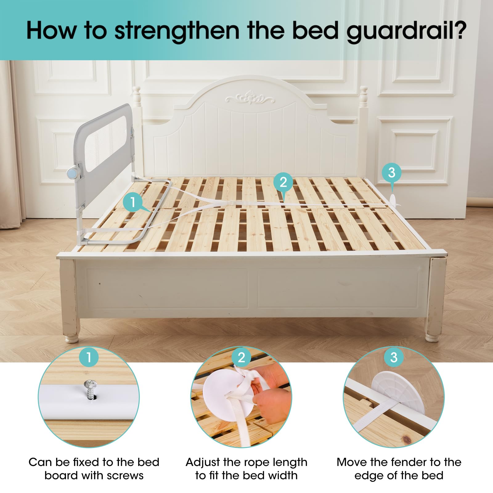 NUTIKAS rail tucked neatly against the mattress for a streamlined look.