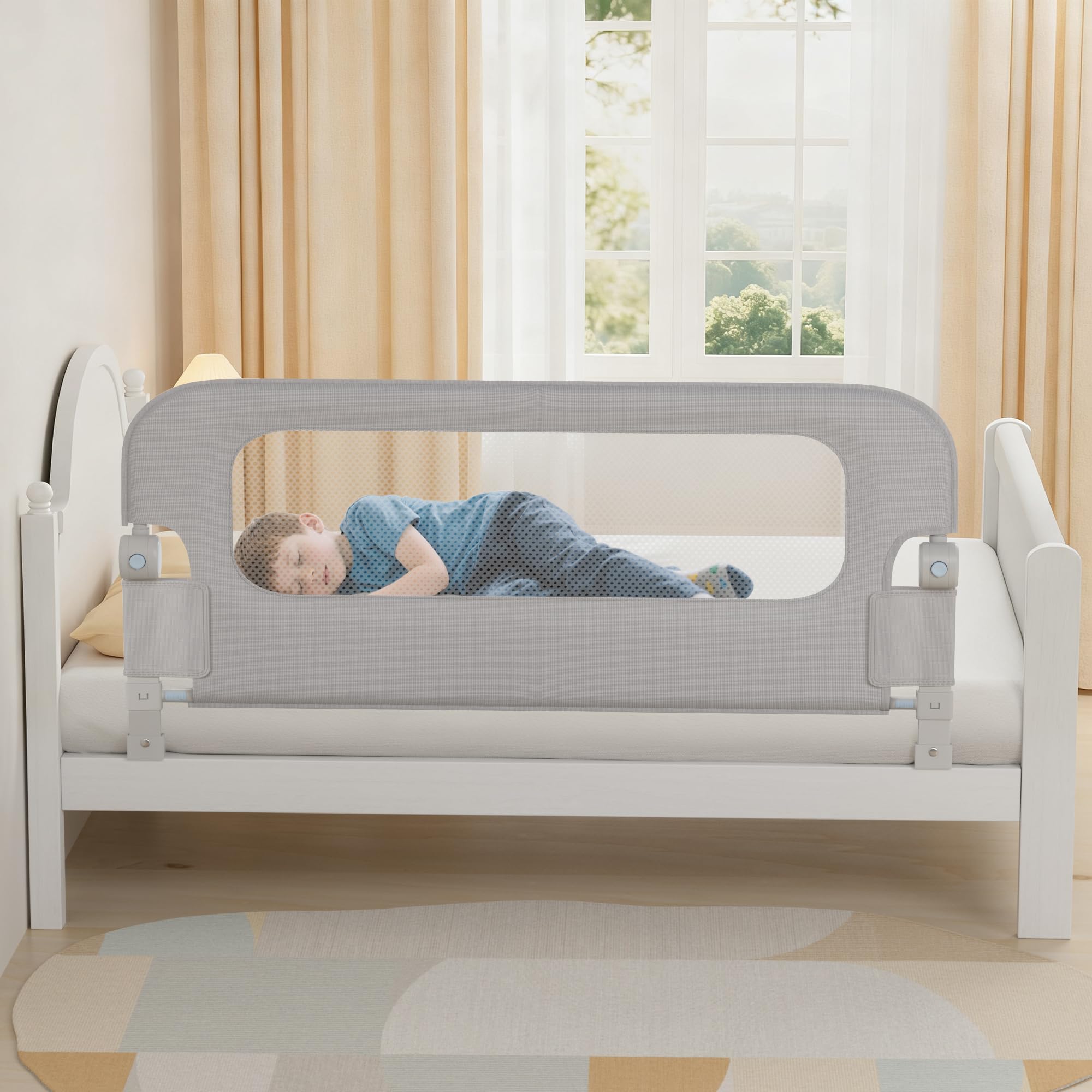NUTIKAS swing-down design bed rail guard enables quiet in-and-out access.