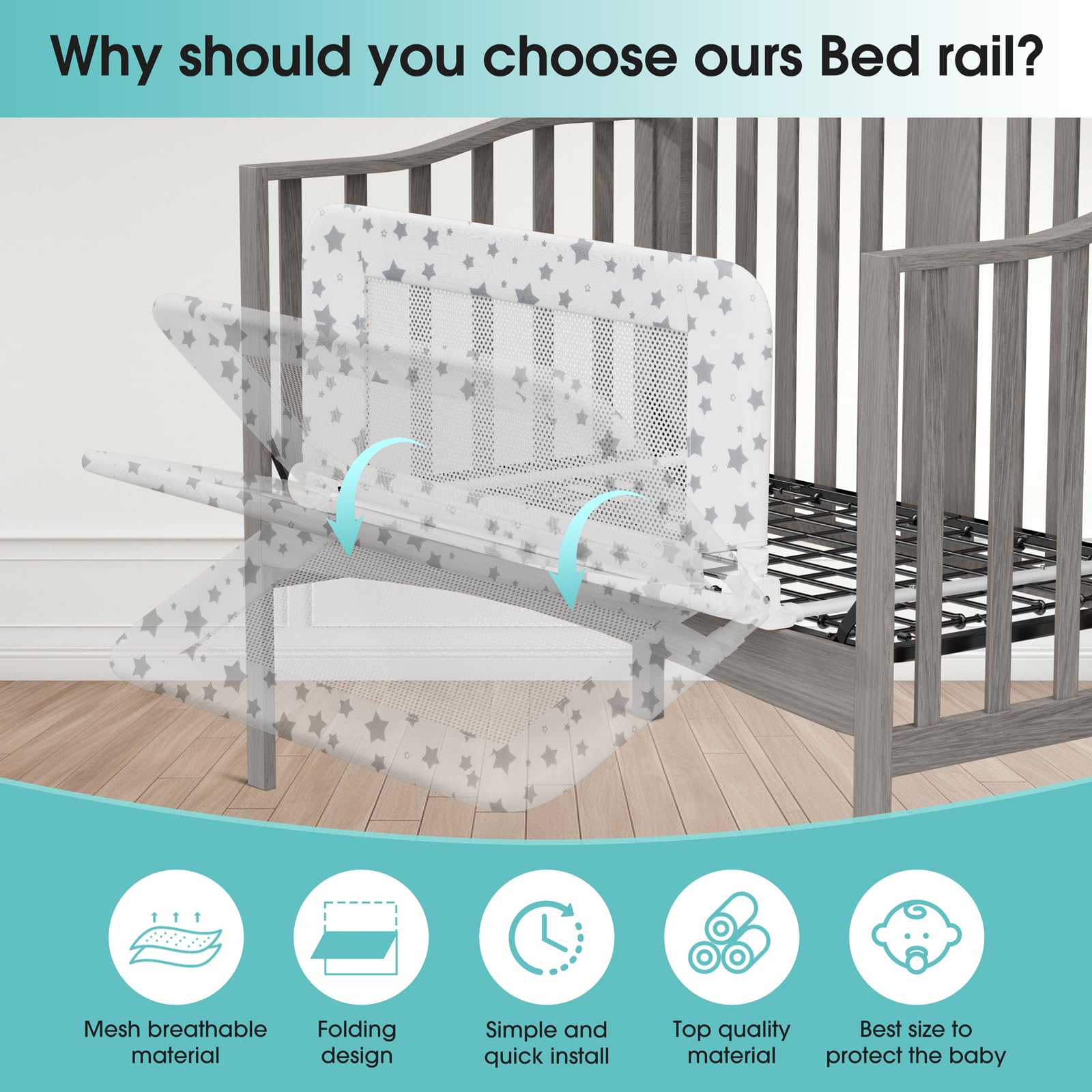 Nutikas white anchor safety rail fitted to standard crib.