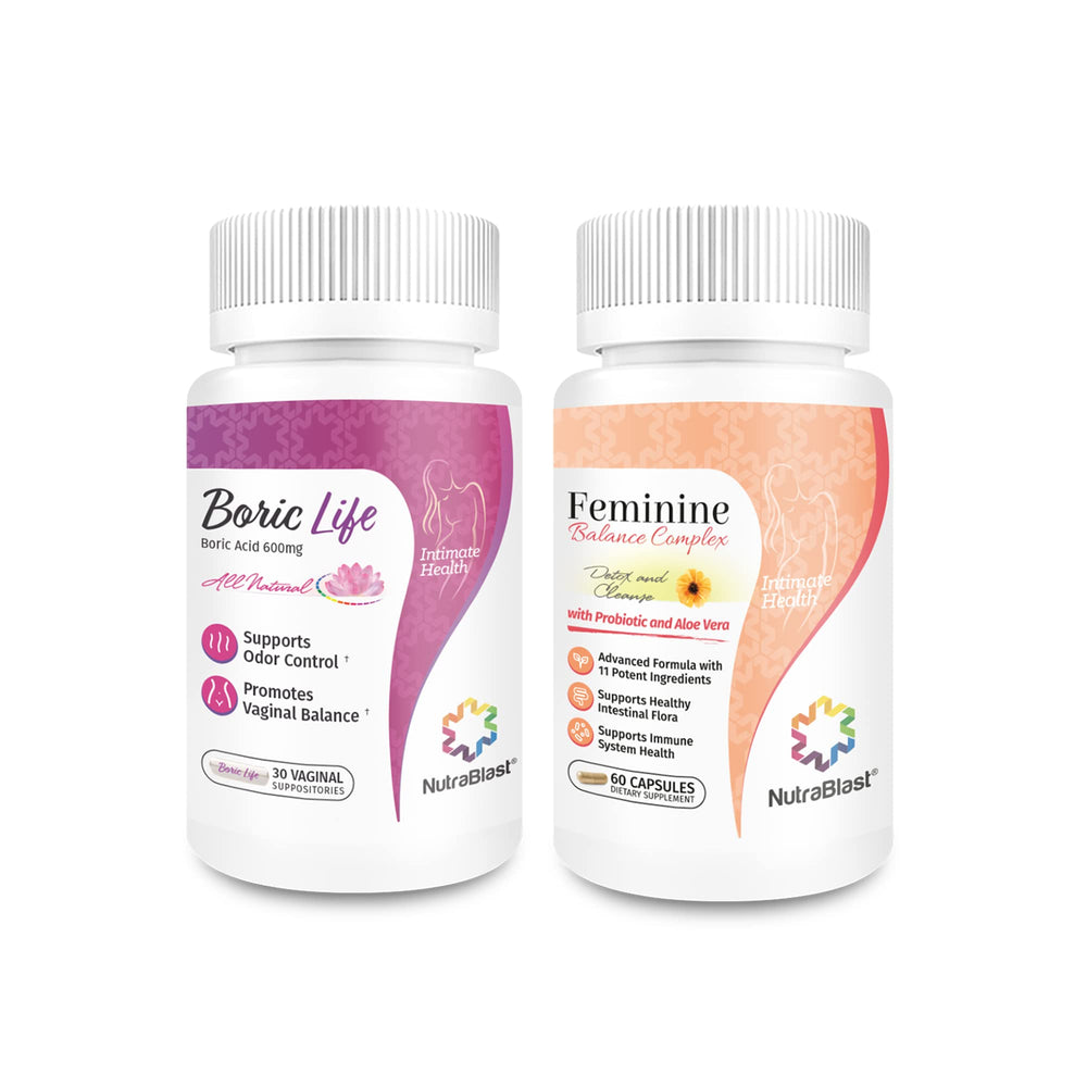 NutraBlast boric acid vaginal suppositories pack for balance and comfort.