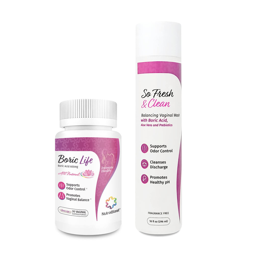 NutraBlast Boric Acid Vaginal Suppositories Bundle packs on clear packaging, supports odor control.