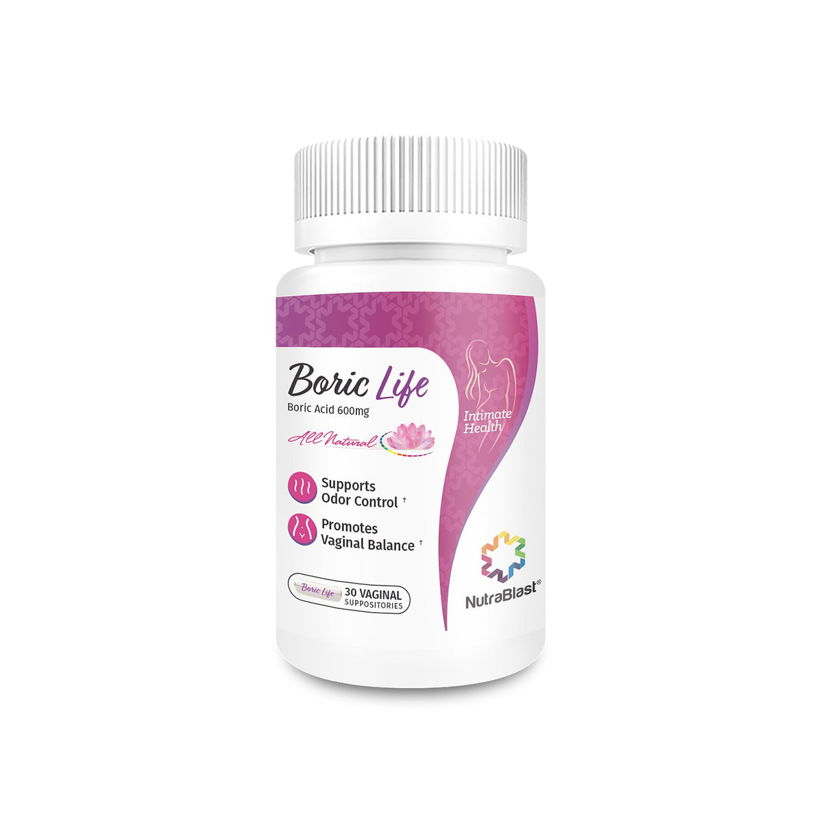 NutraBlast boric acid vaginal suppositories packaging highlights USA-made quality and purity.