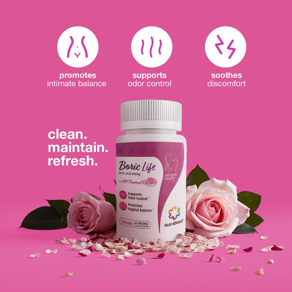 USA-made NutraBlast boric acid vaginal suppositories packaging label visible