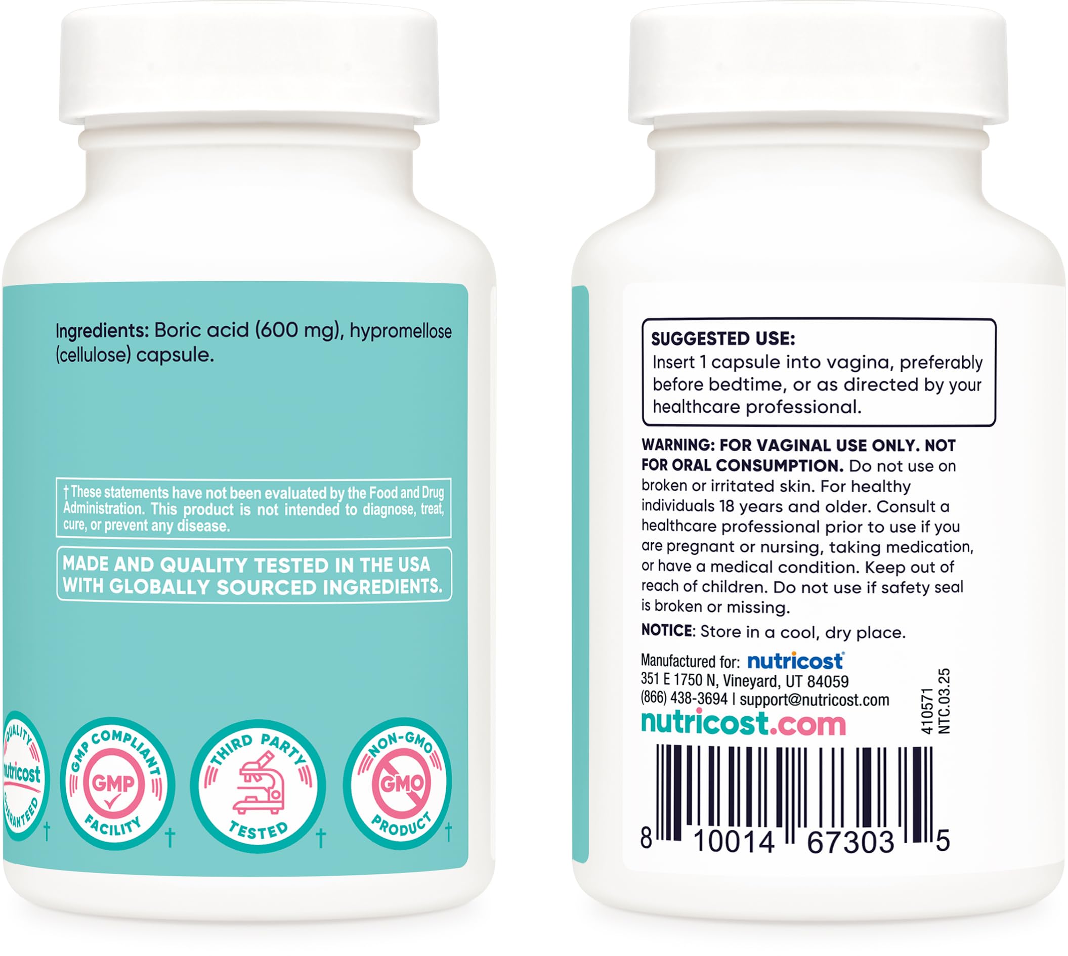 Nutricost boric acid suppository bottle and cap for easy use