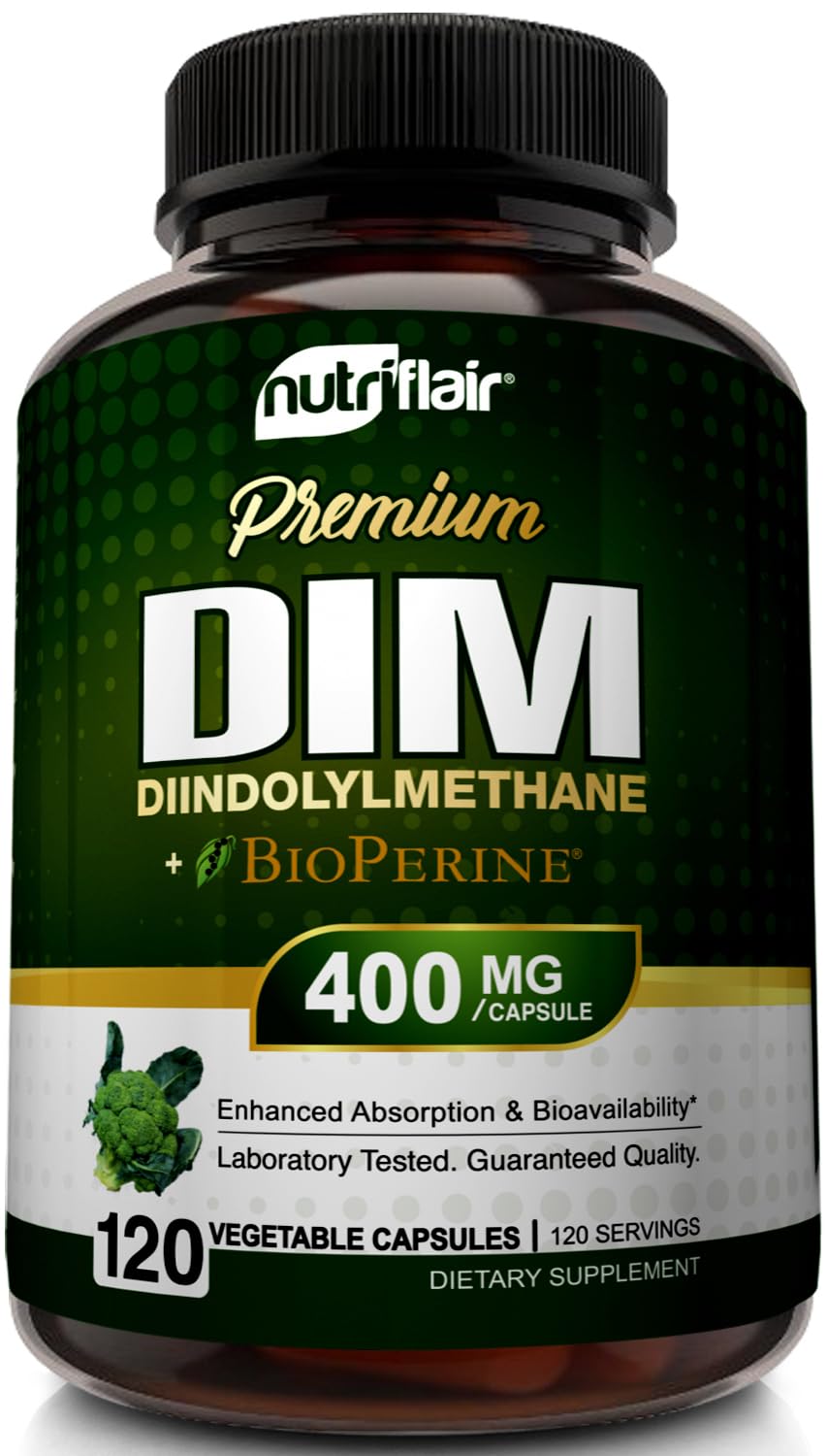 NutriFlair DIM 400mg bottle supports hormone balance for men and women.