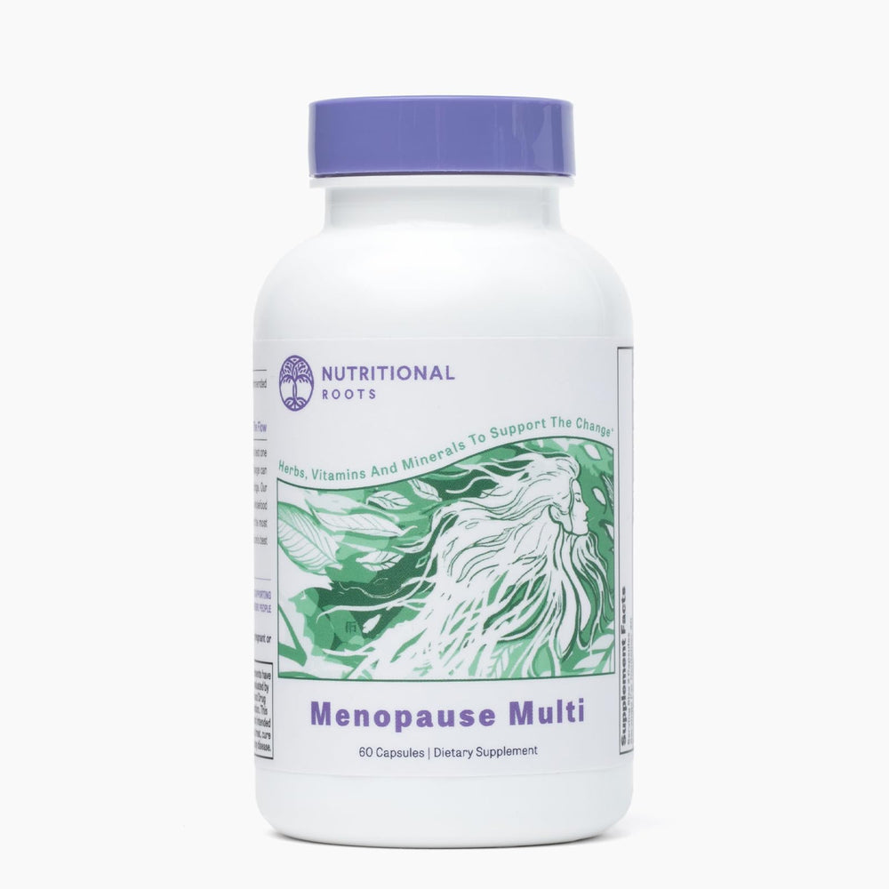Nutritional Roots 5-in-1 menopause bottle on a clean counter, promoting daily wellness.
